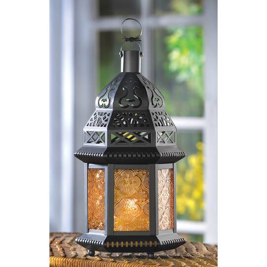 10" Black Moroccan Style Hanging Candle Lantern with Etched Glass